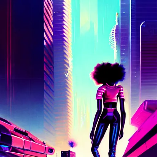 Image similar to a black girl flying through the synthwave city with a rocketpack in a cyberpunk style by greg rutkowski and android jones, oil on canvas