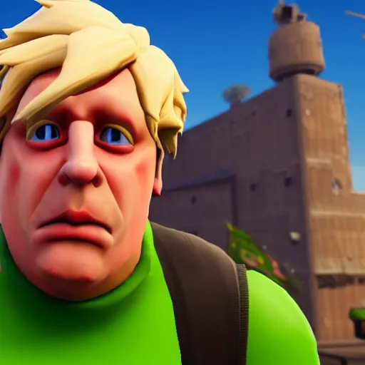 Prompt: an in-game screenshot of Boris Johnson as a Fortnite skin