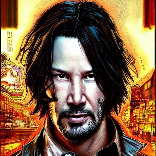 Image similar to keanu reeves a quirky cyberpunk wizzard, dark-hair, intricate, elegant, highly detailed, smooth, sharp focus, detailed face, high contrast, dramatic lighting, graphic novel, art by Ardian Syaf and Michael Choi