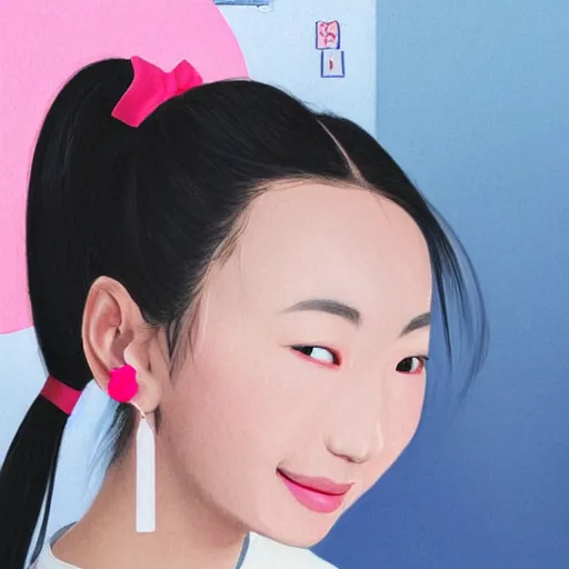 Image similar to portrait of asian girl with muji shirt, round face, black hair, ponytails, skinny, smile, attractive, small chin, wearing pink hair bow, earrings, with a japanese print background, intricate, elegant, glowing lights, highly detailed, digital painting, artstation, sharp focus, illustration, art by wlop, mars ravelo and greg rutkowski