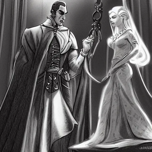 Image similar to Strahd von Zarovich taking Ireena, dramatic, realistic, detailed, wide shot