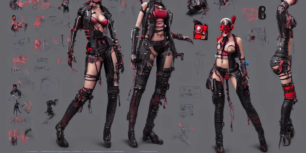 Image similar to cyberpunk harley quinn, character sheet, concept design, contrast, hot toys, kim jung gi, greg rutkowski, zabrocki, karlkka, jayison devadas, trending on artstation, 8 k, ultra wide angle, pincushion lens effect
