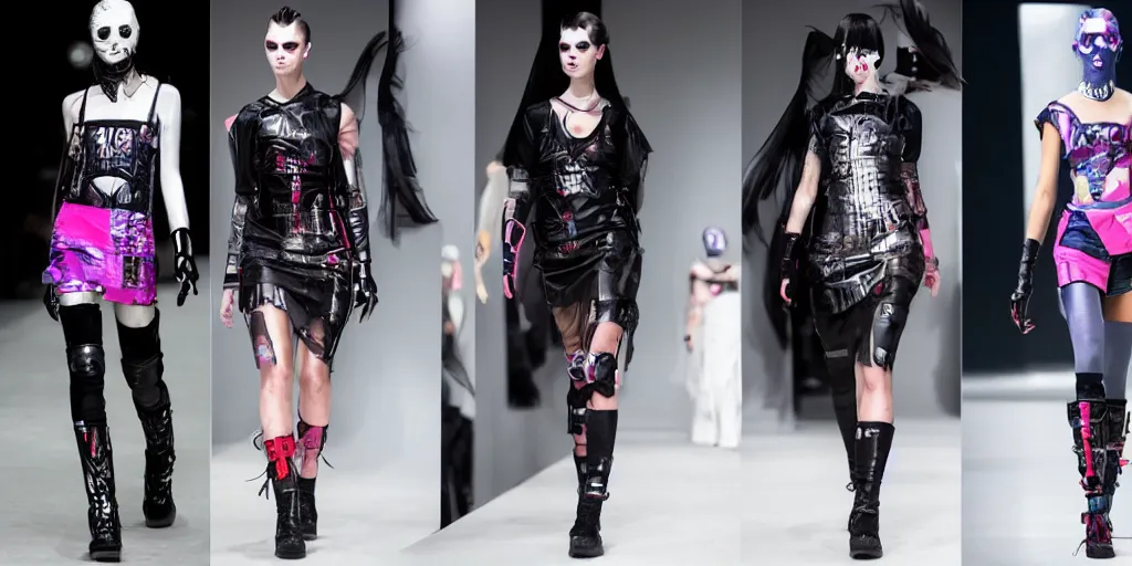 Image similar to catwalk fashion in cyberpunk style