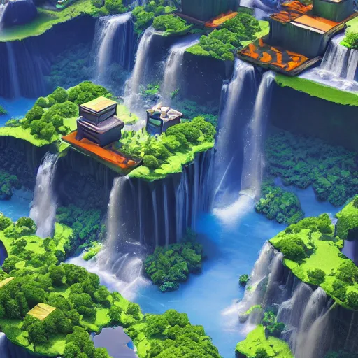 Image similar to manhattan and waterfalls on a floating island in the sky, low poly art, isometric art, 3d render, ray tracing, high detail, artstation, concept art, behance, smooth, sharp focus, ethereal lighting, octane render