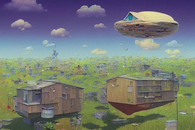 Image similar to surreal tokyo suburb, floating house in the sky, summer morning, very coherent and colorful high contrast, art by!!!! gediminas pranckevicius!!!!, geof darrow, dark shadows, hard lighting