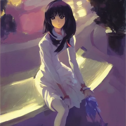 Image similar to greg manchess painting of an anime woman, direct flash photography at night, makoto shinkai