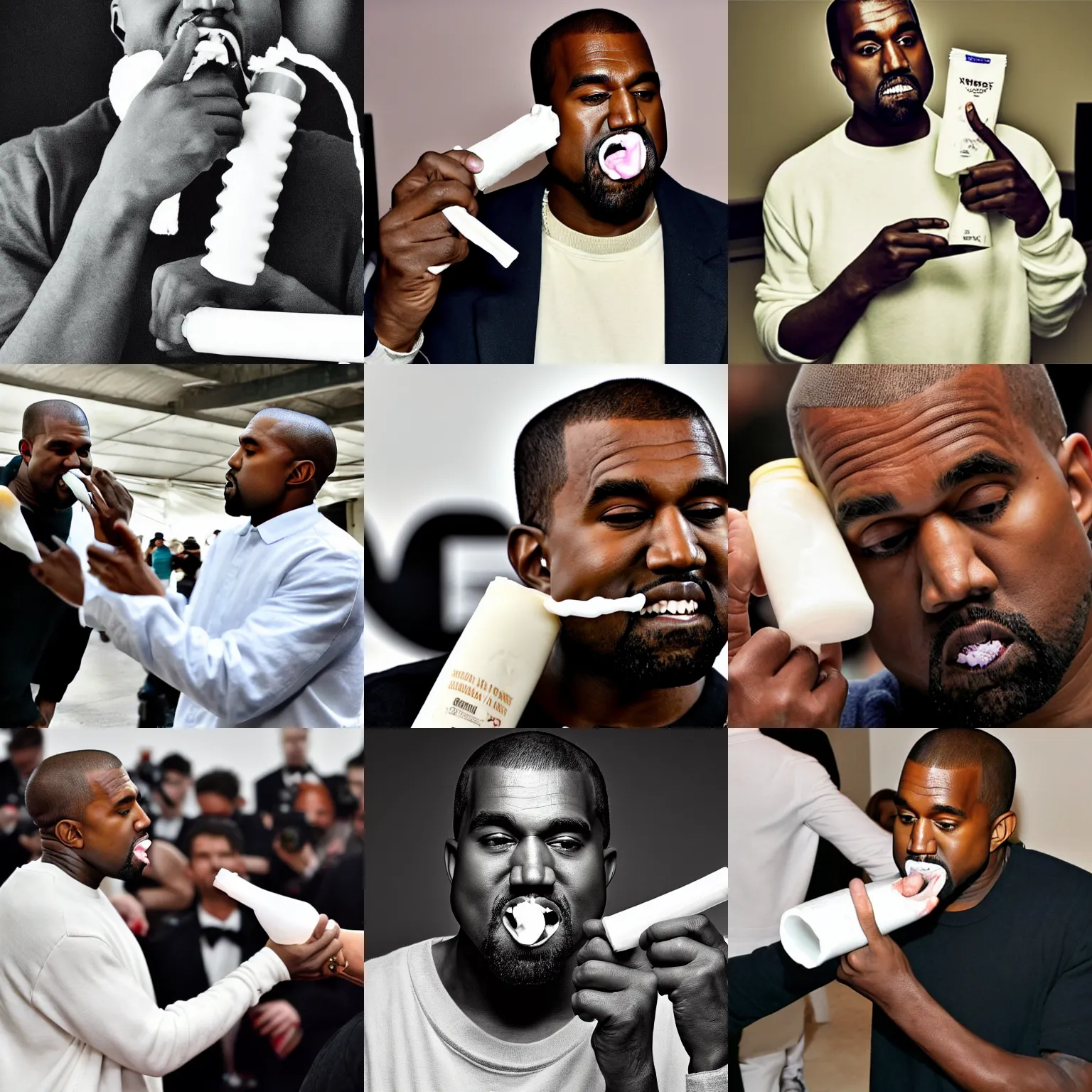 Prompt: kanye west squeezing a tube / roll of toothpaste into his mouth