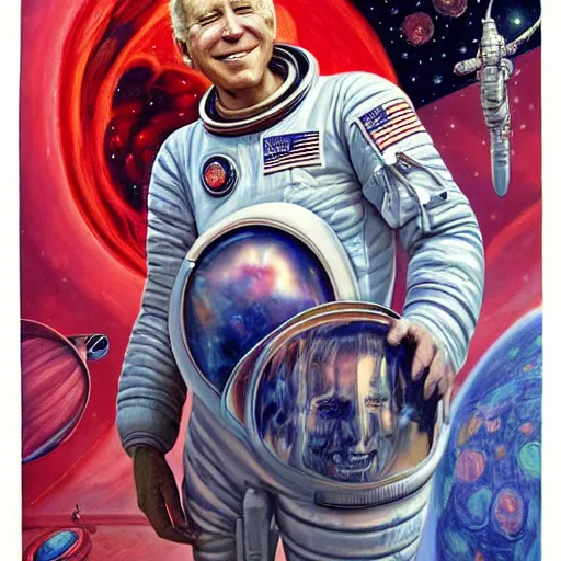 Image similar to surreal portrait of joe biden as psychedelic 1 9 2 0 s astronaut, by j. c. leyendecker, bosch, alex grey, jon mcnaughton, and beksinski