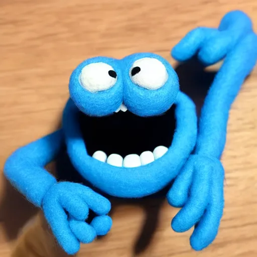 Image similar to mr meeseeks as a muppet. highly detailed blue felt. hyper real photo. 4 k.