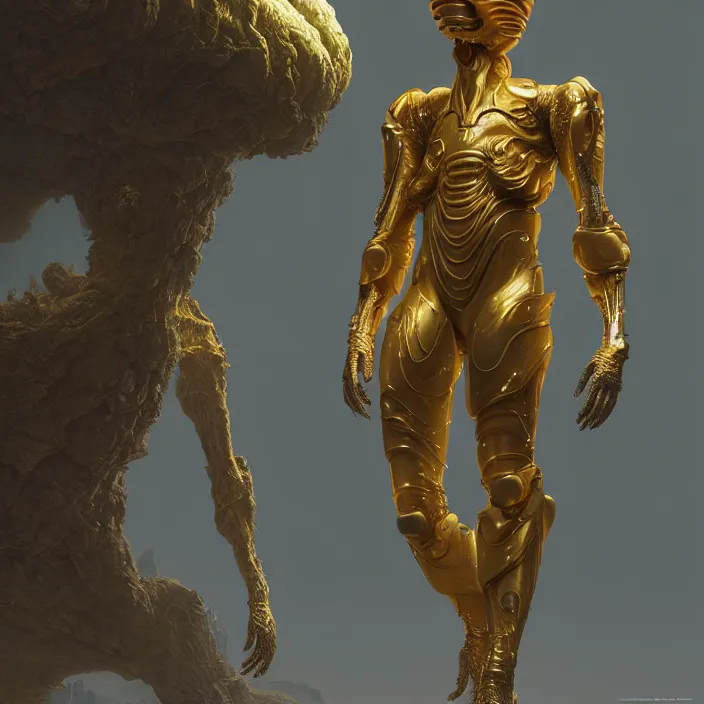 Image similar to a character in a scenic environment by wayne barlowe, futuristic, dreamy hazy, golden biological suit, highly detailed, 3 d render, vray, octane, realistic lighting