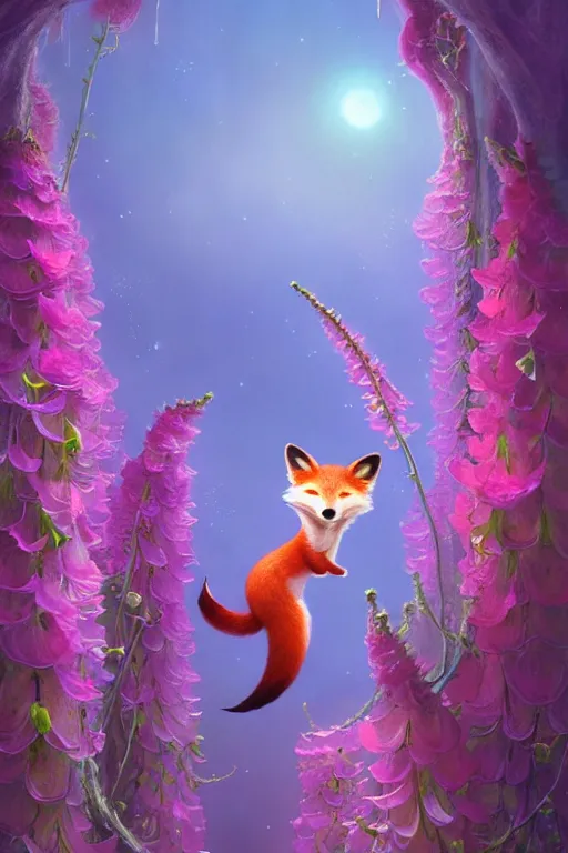 Image similar to a surreal Bioluminescent, very very very cute Foxglove in a happy world by Daniel Merriam, Trending on Artstation, oil on Canvas by Elena Zhurikhina and Goro Fujita and Charlie Bowater, octane render, 4k, 8k, HD