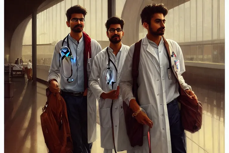 Image similar to Anxious good looking pale young Indian doctors wearing American clothes at the airport, portrait, elegant, intricate, digital painting, artstation, concept art, smooth, sharp focus, illustration, art by artgerm and greg rutkowski and alphonse mucha