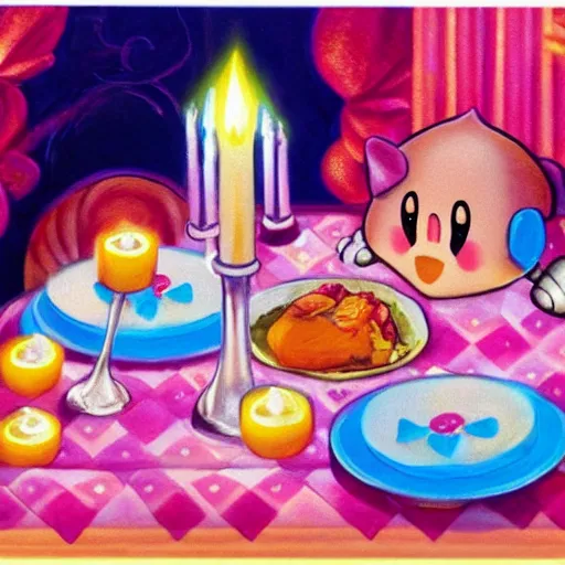 Prompt: kirby romantic dinner, candlelight, roses