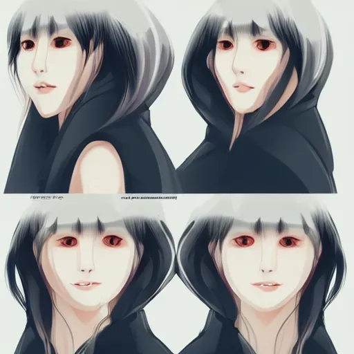 Prompt: portrait of a beautiful korean girl with very long hair and bangs, angular features, angry expression, wearing a black hoodie, in the style of A-1 studio, extremely clean lines, anime and manga style, anime concept art