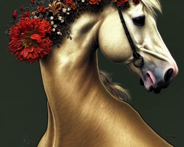 Image similar to side portrait of a horse which disintegrates into ornamental flowers and plants, uniquely beautiful animal, emotionally evoking symbolic metaphors, head in focus, heavily gothic ornamental, intricate, elegant, highly detailed photorealistic digital painting, artstation, concept art, painterly, golden ratio, sharp focus, illustration, art by greg rutkowski and alphonse mucha,