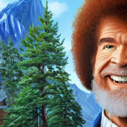 Prompt: a closeup photorealistic photograph of bob ross holding a paintbrush and diligently finishing a canvas painting of spider man. mountains and trees. film still. brightly lit scene. this 4 k hd image is trending on artstation, featured on behance, well - rendered, extra crisp, features intricate detail, epic composition and the style of unreal engine.