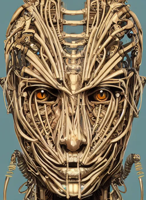 Prompt: hyper - detailed fine painting of a synthetic humanoid cyborg hybrid half cybernetic and half made of plants and wood, concept art magical highlight, full color tribal and technologic art