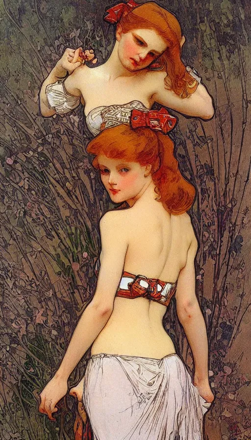 Prompt: beautiful ample redhead woman with a bow around her waist, ornate, mucha