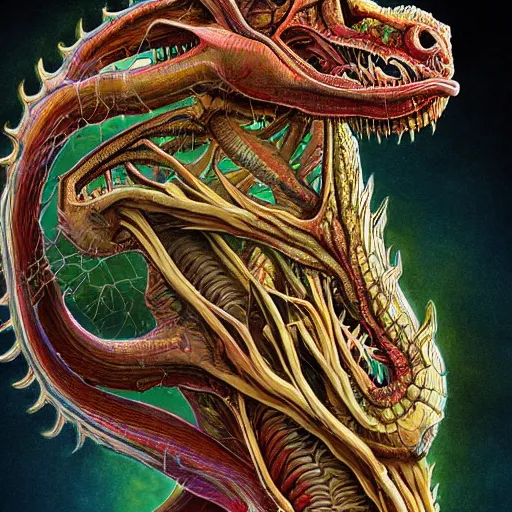 Image similar to nightmare dragon anatomy etherreal iridescent vascular nerve bundles pearlescent spinal chord horror by naoto hattori, zdzislaw, norman rockwell, studio ghibli, anatomical cutaway