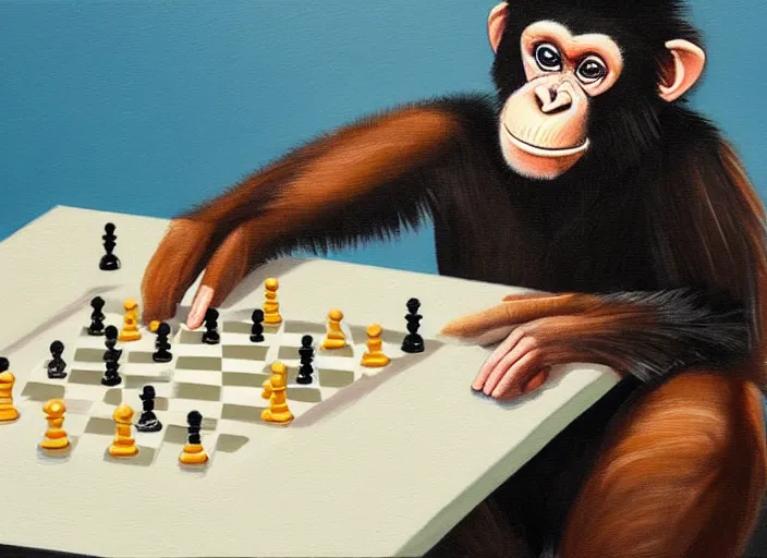 Prompt: a painting of a chimp playing chess in the style of donald roller wilson