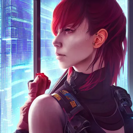 Prompt: portrait of cyberpunk woman looking out of a window, cyberpunk setting, futuristic, highly detailed, intricate lighting, digital painting, sharp focus, illustration, trending on artstation, art by ufotable.