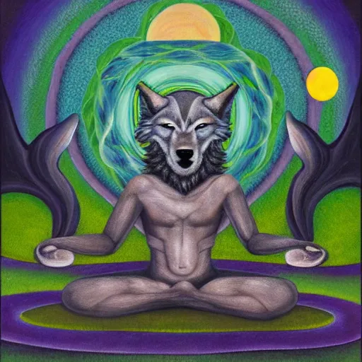 Image similar to an anthromorphic wolf man meditating in a zen garden, by amanda clark and amanda sage in a psychedelic style, oil on canvas