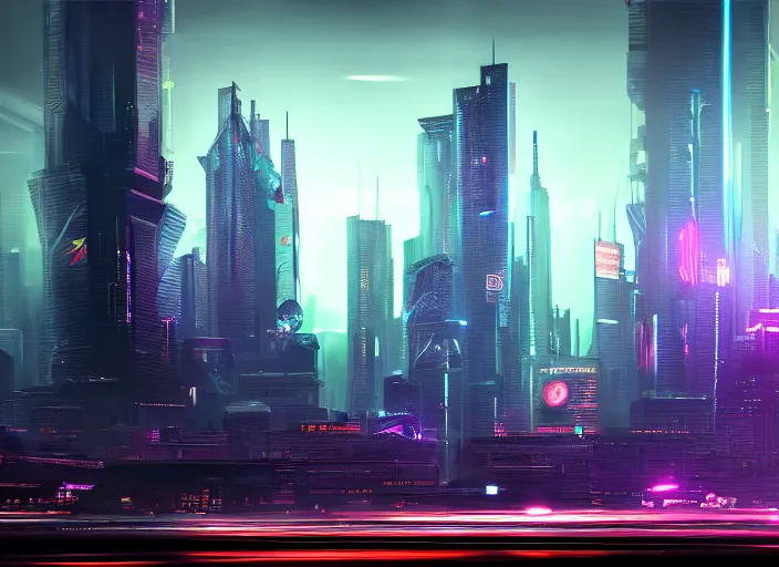 Image similar to cyberpunk scifi scene of new york skyline at night, artstation, matt painting, very detailed, maximalism, ambient occlusion, volumetric light, atmospheric haze, unreal engine, hyper realism, realistic shading, cinematic composition, realistic render, octane render, detailed textures, photorealistic, wide shot