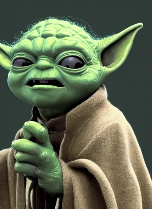 Image similar to a Yoda singing, flowing hair in the style of pixar animation, full body shot, viewed from bellow, award winning, hyper detailed, studio lighting, artstation, octane renderer, unreal engine