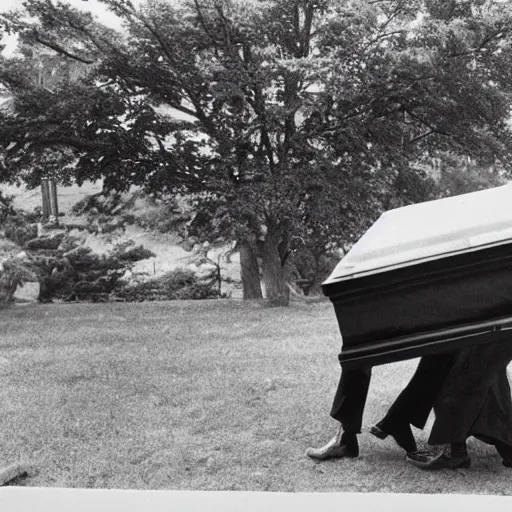 Prompt: photograph of a man dragging a very heavy coffin, entering a graveyard