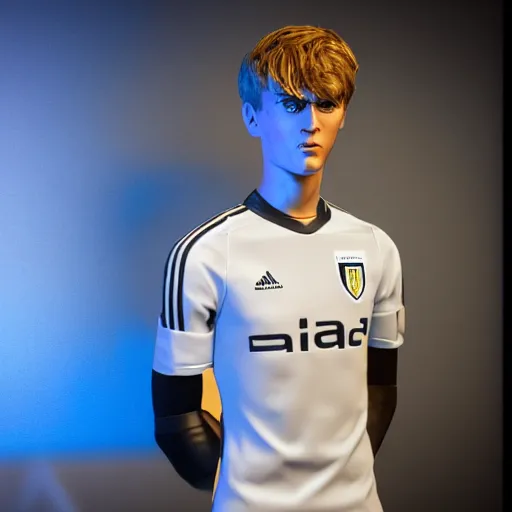 Image similar to a realistic detailed photo of a guy who is an attractive humanoid who is half robot and half humanoid, who is a male android, soccer player martin ødegaard, shiny skin, posing like a statue, blank stare, in a gaming room, on display