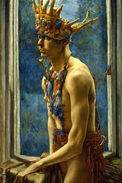 Image similar to the prince in his bone crown and regalia stands by the window at dusk,by Annie Swynnerton and Diego Rivera and Elihu Vedder, symbolist, dramatic lighting, elaborate geometric ornament, Art Brut, soft blues and greens,smooth, sharp focus, extremely detailed, Adolf Wölfli