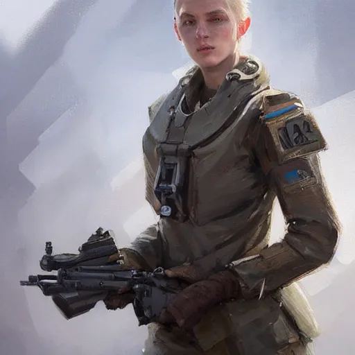 Image similar to Portrait of a woman by Greg Rutkowski, she is about 20 years old, athletic tomboy, attractive, military composure, short blonde hair, russian, she is wearing futuristic military fatigues, highly detailed portrait, digital painting, artstation, concept art, smooth, sharp foccus ilustration, Artstation HQ.