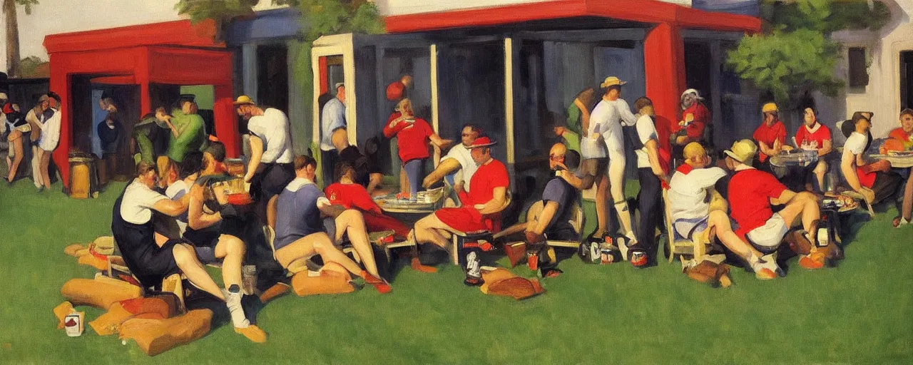 Image similar to an awesome painting of a group of football fans drinking beer and barbequing at a tailgate party, a picture in the style of Edward Hopper