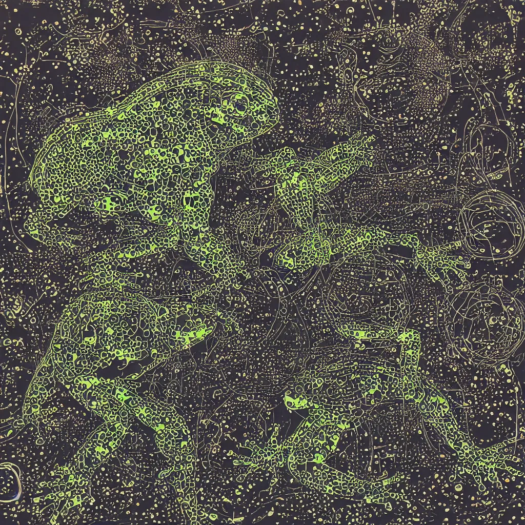 Image similar to toads, big toad, mechanical, technical, abstract, acrylic, oil, circuit board, lines, vektroid album cover, dots, drips, dimensions, tears, leaks, glitches, frogs, amphibians, geometry, data, datamosh, motherboard, minimal, vinyl, code, cybernetic, painting, dark, eerie, cyber