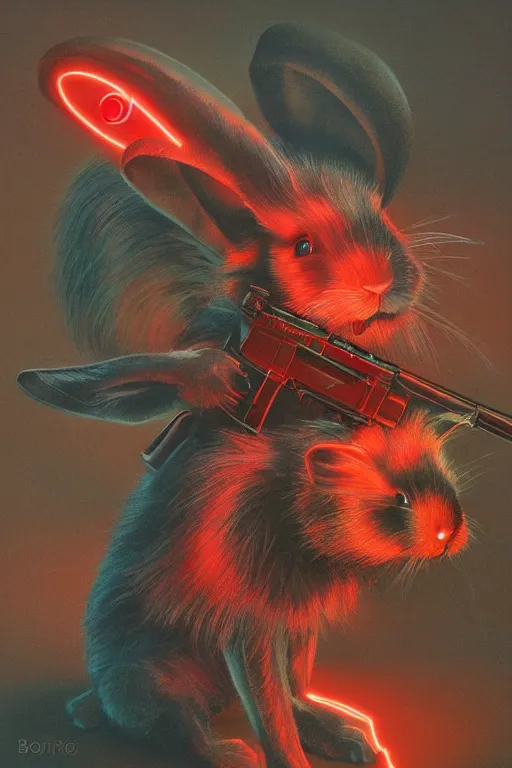 Image similar to portrait of neon fur rabbit with red eyes and a machine gun , 8k, highly detailed, sharp, realistic, in style of Brom