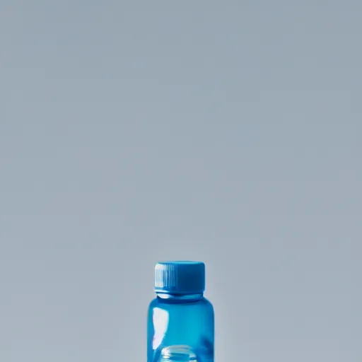 Prompt: symmetrical photo of small white plastic bottle standing in front space ship, products shot