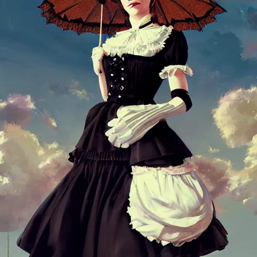 Image similar to highly detailed painting of emma watson wearing a black cat lolita maid dress, 8 k, by greg rutkowski, artgerm, loish, rhads, global illumination