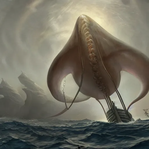 Image similar to a giant squid attacking a ship, its tentacles wrapping around the ship, the squids head peaking out of the water, trending on artstation, highly detailed, dramatic lighting