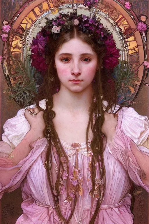 Image similar to beautiful girl in an pink wedding dress, symmetrical full body portrait by Donato Giancola, Alphonse Mucha, Artgerm and William Bouguereau, digital art, ,character concept, Epic, photorealism presented in artstation hyperrealism, award winning artwork,, high quality print, fine art with subtle redshift rendering