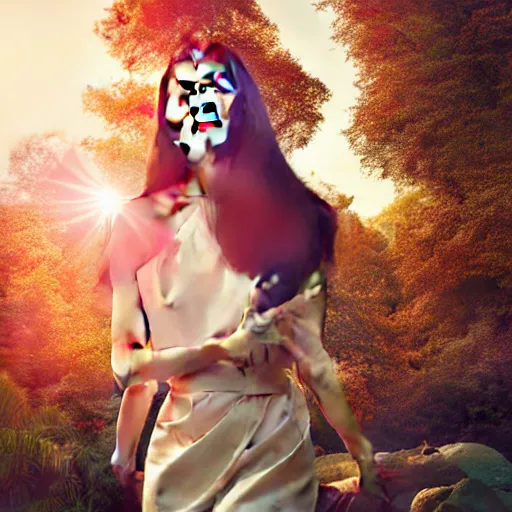Image similar to innovative avant - garde art, deco fashion, asian women, highly detailed, photorealistic portrait, serene forest setting, golden hour, crisp quality and light reflections, octane render