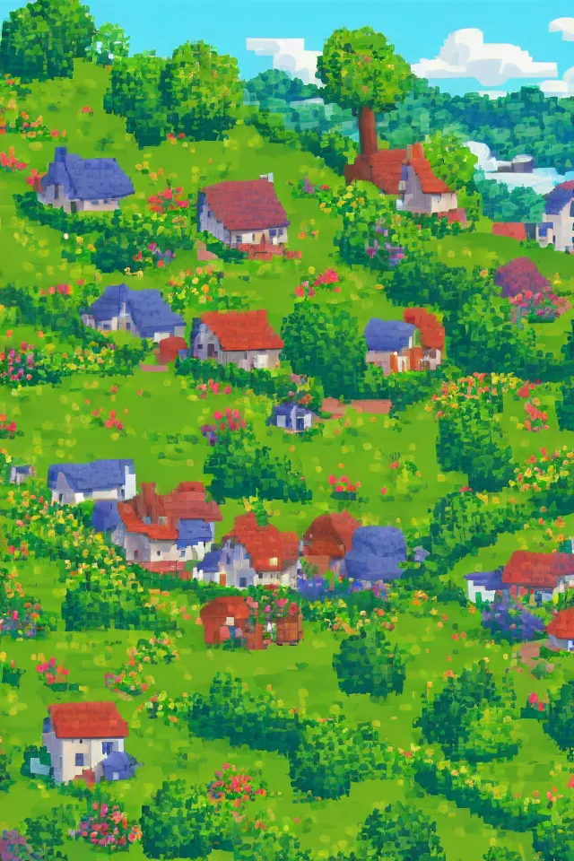 Prompt: a countryside, green hills and blue sky with patches of clouds, nature in all its beauty, some houses in the background, star - shaped flowers in the foreground, we can see the sea, pixel art, indie game, 3 2 bits, sprite, detailed,