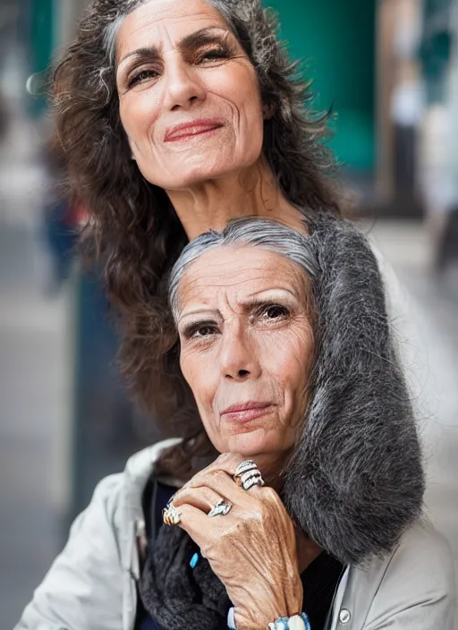 Image similar to portrait of beautiful Spanish 50-year-old well-groomed woman model, with lovely look, happy, candid street portrait in the style of Martin Schoeller award winning, Sony a7R