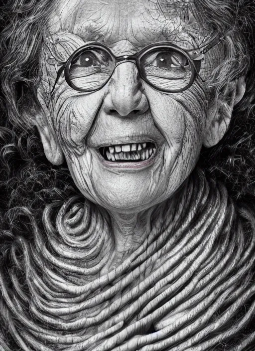 Prompt: a hyper realistic ultra realistic photograph of the 1000 foot tall grandma, highly detailed, 8k photo, mouth agape twisted writing in horror