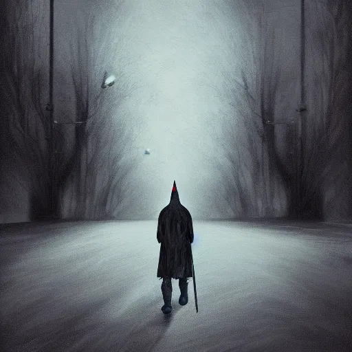 Image similar to photo realistic, painting of a wizard walking alone in the boulevard of broken dreams, painted black, hyper detail, in the style of beeple, rule of thirds