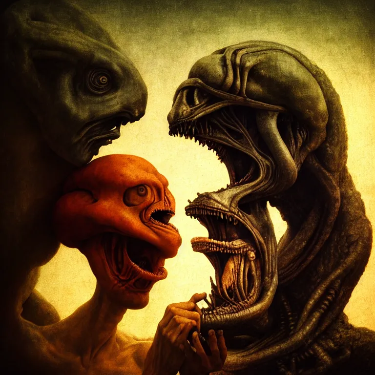 Prompt: closeup portrait of alien kissing prehistoric caveman by hieronymus bosch, lucid dream - like heavy atmosphere, baroque painting, harsh flash photo, perfect composition, detailed octane render trending on artstation, 8 k artistic photography, volumetric cinematic perfect light, chiaroscuro, masterpiece, raphael, caravaggio, beksinski, rutkowski, beeple