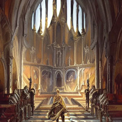 Prompt: Human skeleton, skeleton knight, wearing bandages, majesty in noble clothes, king resting on a throne inside a cathedral, old castle, oil painting, by Fernanda Suarez and Greg Rutkowski