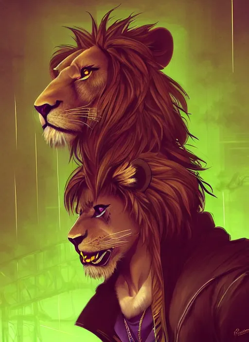 Image similar to award winning beautiful portrait commission of a male furry anthro lion fursona with a cute beautiful attractive detailed furry face wearing stylish black, green and purple cyberpunk clothes in a cyberpunk city at night while it rains. Character design by charlie bowater, ross tran, artgerm, and makoto shinkai, detailed, inked, western comic book art