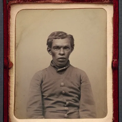 Prompt: civil war portrait of soldier sepia tattered image, with glowing red eyes and evil smile, real 1 8 6 0 photo,