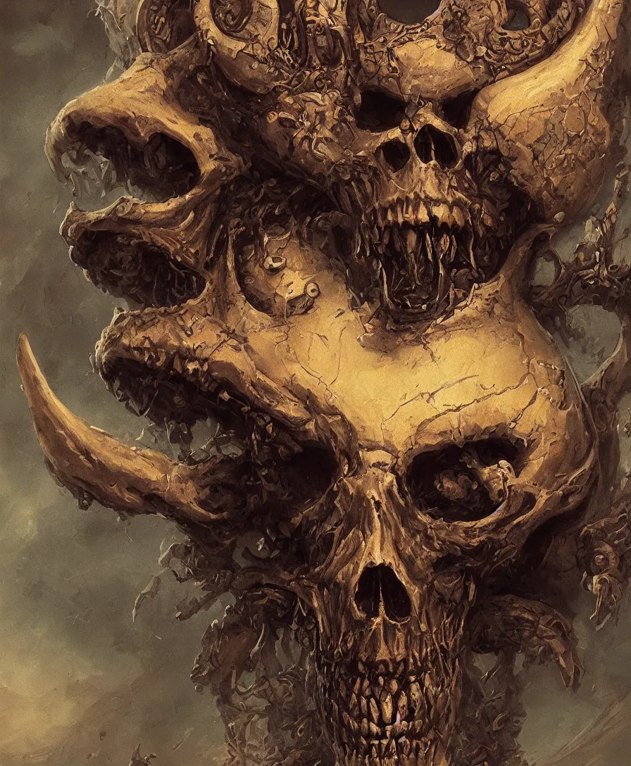 Prompt: portrait close up giant skull and bones devil, illustrated by Simon Stålenhag and Gaston Bussiere, intricate, ultra detailed, photorealistic, trending on artstation