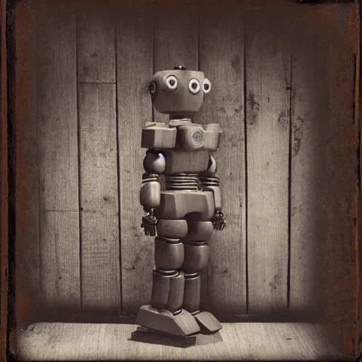 Image similar to humanoid robot in wood paneled room, underground room designed to look like log cabin, robot, tintype photograph